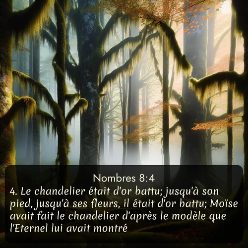 Segond Nombres  ; image nature: image avec le verset biblique :Le chandelier était d&#039;or battu; jusqu&#039;à son pied, jusqu&#039;à ses fleurs, il était d&#039;or battu; Moïse avait fait le chandelier d&#039;après le modèle que l&#039;Eternel lui avait montré. ;  ; 8:4
