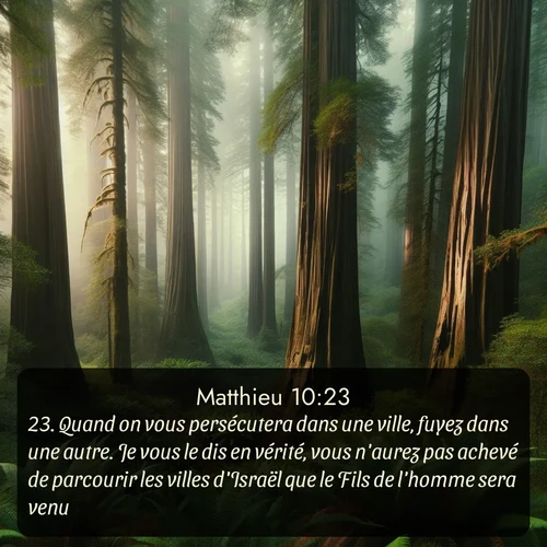 Segond Évangile selon Matthieu  ; image nature: image avec le verset biblique :Quand on vous persécutera dans une ville, fuyez dans une autre. Je vous le dis en vérité, vous n&#039;aurez pas achevé de parcourir les villes d&#039;Israël que le Fils de l&#039;homme sera venu. ;  ; 10:23