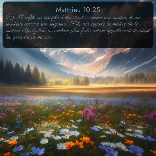 Segond Évangile selon Matthieu  ; image nature: image avec le verset biblique :Il suffit au disciple d&#039;être traité comme son maître, et au serviteur comme son seigneur. S&#039;ils ont appelé le maître de la maison Béelzébul, à combien plus forte raison appelleront-ils ainsi les gens de sa maison! ;  ; 10:25