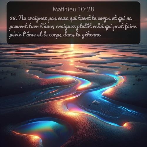 Segond Évangile selon Matthieu  ; image nature: image avec le verset biblique :Ne craignez pas ceux qui tuent le corps et qui ne peuvent tuer l&#039;âme; craignez plutôt celui qui peut faire périr l&#039;âme et le corps dans la géhenne. ;  ; 10:28