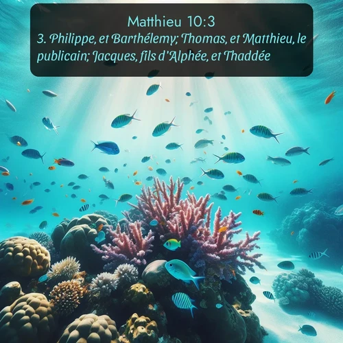 Segond Évangile selon Matthieu  ; image nature: image avec le verset biblique :Philippe, et Barthélemy; Thomas, et Matthieu, le publicain; Jacques, fils d&#039;Alphée, et Thaddée; ;  ; 10:3