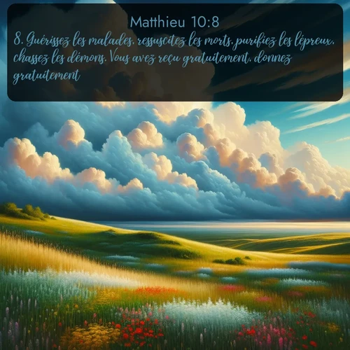 Segond Évangile selon Matthieu  ; image nature: image avec le verset biblique :Guérissez les malades, ressuscitez les morts, purifiez les lépreux, chassez les démons. Vous avez reçu gratuitement, donnez gratuitement. ;  ; 10:8