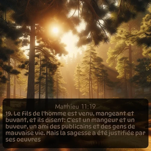 Segond Évangile selon Matthieu  ; image nature: image avec le verset biblique :Le Fils de l&#039;homme est venu, mangeant et buvant, et ils disent: C&#039;est un mangeur et un buveur, un ami des publicains et des gens de mauvaise vie. Mais la sagesse a été justifiée par ses oeuvres. ;  ; 11:19