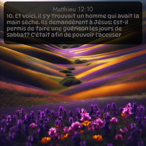 Segond Évangile selon Matthieu  ; image nature: image avec le verset biblique :Et voici, il s&#039;y trouvait un homme qui avait la main sèche. Ils demandèrent à Jésus: Est-il permis de faire une guérison les jours de sabbat? C&#039;était afin de pouvoir l&#039;accuser. ;  ; 12:10
