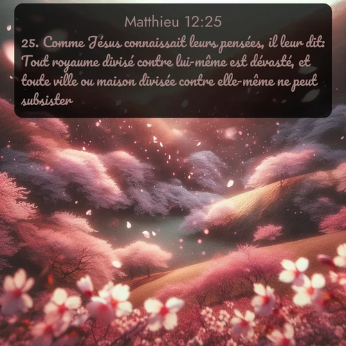 Segond Évangile selon Matthieu  ; image nature: image avec le verset biblique :Comme Jésus connaissait leurs pensées, il leur dit: Tout royaume divisé contre lui-même est dévasté, et toute ville ou maison divisée contre elle-même ne peut subsister. ;  ; 12:25
