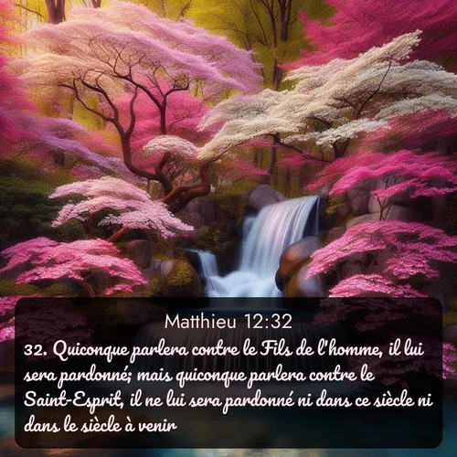Segond Évangile selon Matthieu  ; image nature: image avec le verset biblique :Quiconque parlera contre le Fils de l&#039;homme, il lui sera pardonné; mais quiconque parlera contre le Saint-Esprit, il ne lui sera pardonné ni dans ce siècle ni dans le siècle à venir. ;  ; 12:32