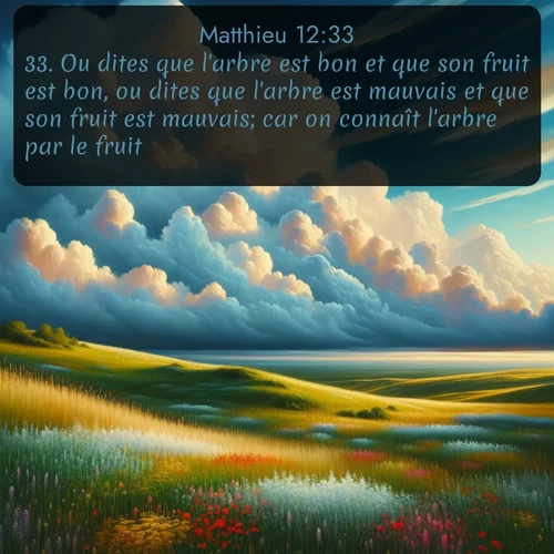Segond Évangile selon Matthieu  ; image nature: image avec le verset biblique :Ou dites que l&#039;arbre est bon et que son fruit est bon, ou dites que l&#039;arbre est mauvais et que son fruit est mauvais; car on connaît l&#039;arbre par le fruit. ;  ; 12:33
