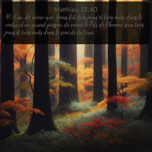 Segond Évangile selon Matthieu  ; image nature: image avec le verset biblique :Car, de même que Jonas fut trois jours et trois nuits dans le ventre d&#039;un grand poisson, de même le Fils de l&#039;homme sera trois jours et trois nuits dans le sein de la terre. ;  ; 12:40