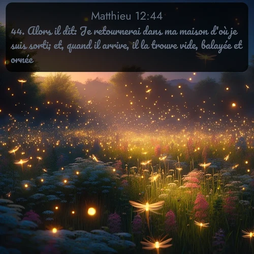 Segond Évangile selon Matthieu  ; image nature: image avec le verset biblique :Alors il dit: Je retournerai dans ma maison d&#039;où je suis sorti; et, quand il arrive, il la trouve vide, balayée et ornée. ;  ; 12:44