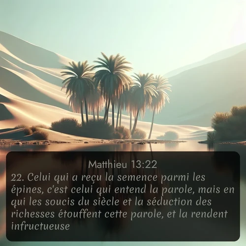 Segond Évangile selon Matthieu  ; image nature: image avec le verset biblique :Celui qui a reçu la semence parmi les épines, c&#039;est celui qui entend la parole, mais en qui les soucis du siècle et la séduction des richesses étouffent cette parole, et la rendent infructueuse. ;  ; 13:22