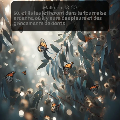 Segond Évangile selon Matthieu  ; image nature: image avec le verset biblique :et ils les jetteront dans la fournaise ardente, où il y aura des pleurs et des grincements de dents. ;  ; 13:50