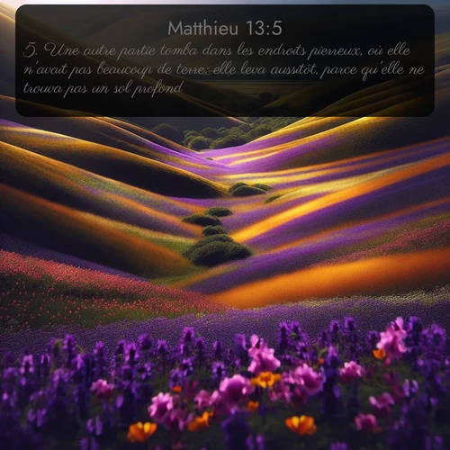 Segond Évangile selon Matthieu  ; image nature: image avec le verset biblique :Une autre partie tomba dans les endroits pierreux, où elle n&#039;avait pas beaucoup de terre: elle leva aussitôt, parce qu&#039;elle ne trouva pas un sol profond; ;  ; 13:5
