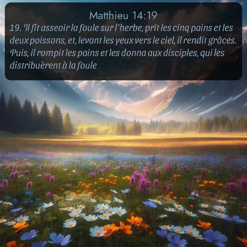 Segond Évangile selon Matthieu  ; image nature: image avec le verset biblique :Il fit asseoir la foule sur l&#039;herbe, prit les cinq pains et les deux poissons, et, levant les yeux vers le ciel, il rendit grâces. Puis, il rompit les pains et les donna aux disciples, qui les distribuèrent à la foule. ;  ; 14:19