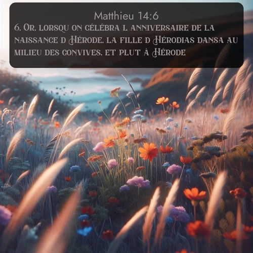 Segond Évangile selon Matthieu  ; image nature: image avec le verset biblique :Or, lorsqu&#039;on célébra l&#039;anniversaire de la naissance d&#039;Hérode, la fille d&#039;Hérodias dansa au milieu des convives, et plut à Hérode, ;  ; 14:6