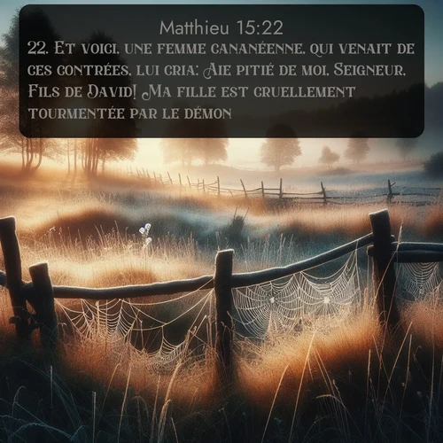 Segond Évangile selon Matthieu  ; image nature: image avec le verset biblique :Et voici, une femme cananéenne, qui venait de ces contrées, lui cria: Aie pitié de moi, Seigneur, Fils de David! Ma fille est cruellement tourmentée par le démon. ;  ; 15:22