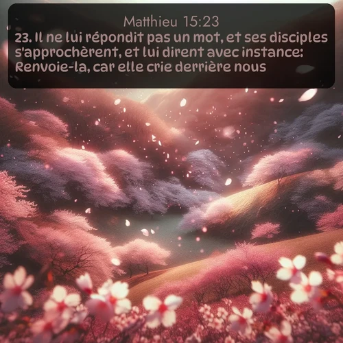 Segond Évangile selon Matthieu  ; image nature: image avec le verset biblique :Il ne lui répondit pas un mot, et ses disciples s&#039;approchèrent, et lui dirent avec instance: Renvoie-la, car elle crie derrière nous. ;  ; 15:23
