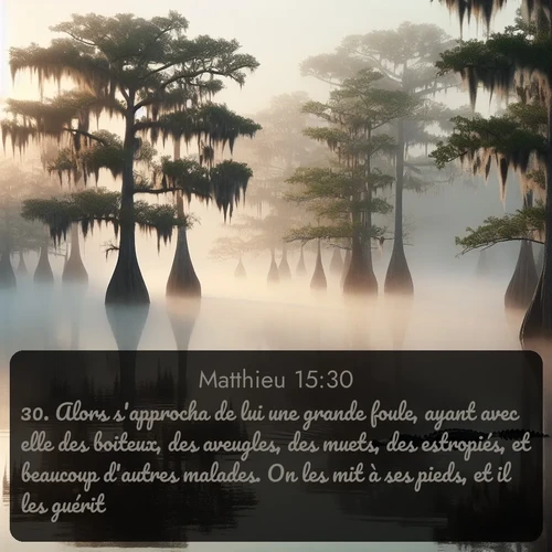Segond Évangile selon Matthieu  ; image nature: image avec le verset biblique :Alors s&#039;approcha de lui une grande foule, ayant avec elle des boiteux, des aveugles, des muets, des estropiés, et beaucoup d&#039;autres malades. On les mit à ses pieds, et il les guérit; ;  ; 15:30