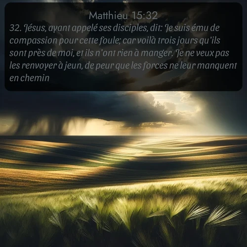 Segond Évangile selon Matthieu  ; image nature: image avec le verset biblique :Jésus, ayant appelé ses disciples, dit: Je suis ému de compassion pour cette foule; car voilà trois jours qu&#039;ils sont près de moi, et ils n&#039;ont rien à manger. Je ne veux pas les renvoyer à jeun, de peur que les forces ne leur manquent en chemin. ;  ; 15:32