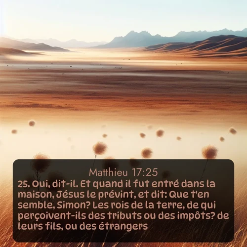 Segond Évangile selon Matthieu  ; image nature: image avec le verset biblique :Oui, dit-il. Et quand il fut entré dans la maison, Jésus le prévint, et dit: Que t&#039;en semble, Simon? Les rois de la terre, de qui perçoivent-ils des tributs ou des impôts? de leurs fils, ou des étrangers? ;  ; 17:25