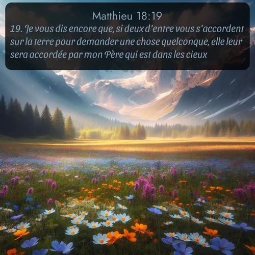 Segond Évangile selon Matthieu  ; image nature: image avec le verset biblique :Je vous dis encore que, si deux d&#039;entre vous s&#039;accordent sur la terre pour demander une chose quelconque, elle leur sera accordée par mon Père qui est dans les cieux. ;  ; 18:19