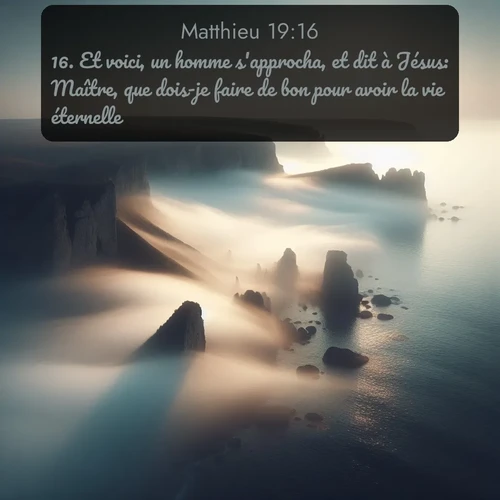 Segond Évangile selon Matthieu  ; image nature: image avec le verset biblique :Et voici, un homme s&#039;approcha, et dit à Jésus: Maître, que dois-je faire de bon pour avoir la vie éternelle? ;  ; 19:16