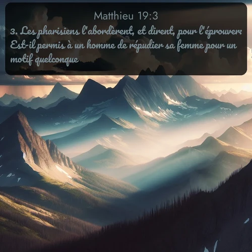 Segond Évangile selon Matthieu  ; image nature: image avec le verset biblique :Les pharisiens l&#039;abordèrent, et dirent, pour l&#039;éprouver: Est-il permis à un homme de répudier sa femme pour un motif quelconque? ;  ; 19:3