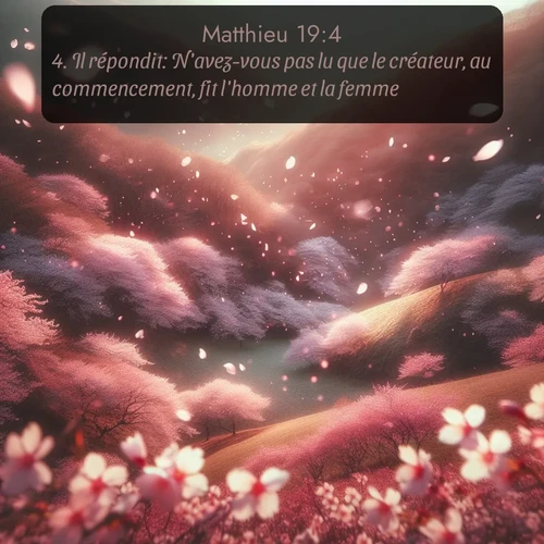 Segond Évangile selon Matthieu  ; image nature: image avec le verset biblique :Il répondit: N&#039;avez-vous pas lu que le créateur, au commencement, fit l&#039;homme et la femme ;  ; 19:4