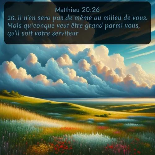Segond Évangile selon Matthieu  ; image nature: image avec le verset biblique :Il n&#039;en sera pas de même au milieu de vous. Mais quiconque veut être grand parmi vous, qu&#039;il soit votre serviteur; ;  ; 20:26