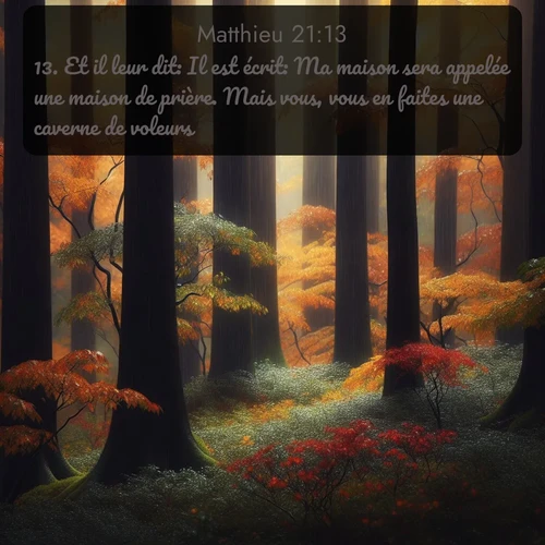 Segond Évangile selon Matthieu  ; image nature: image avec le verset biblique :Et il leur dit: Il est écrit: Ma maison sera appelée une maison de prière. Mais vous, vous en faites une caverne de voleurs. ;  ; 21:13
