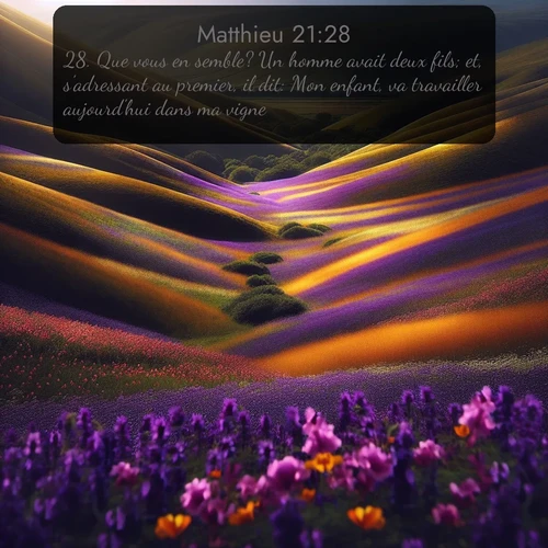 Segond Évangile selon Matthieu  ; image nature: image avec le verset biblique :Que vous en semble? Un homme avait deux fils; et, s&#039;adressant au premier, il dit: Mon enfant, va travailler aujourd&#039;hui dans ma vigne. ;  ; 21:28