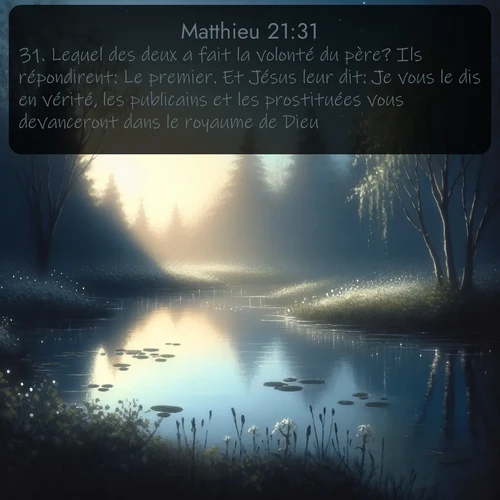 Segond Évangile selon Matthieu  ; image nature: image avec le verset biblique :Lequel des deux a fait la volonté du père? Ils répondirent: Le premier. Et Jésus leur dit: Je vous le dis en vérité, les publicains et les prostituées vous devanceront dans le royaume de Dieu. ;  ; 21:31