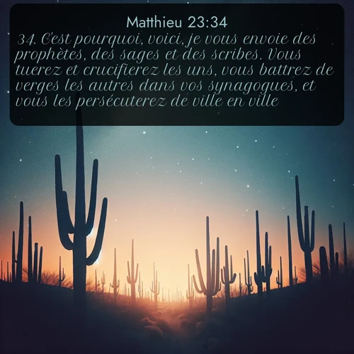 Segond Évangile selon Matthieu  ; image nature: image avec le verset biblique :C&#039;est pourquoi, voici, je vous envoie des prophètes, des sages et des scribes. Vous tuerez et crucifierez les uns, vous battrez de verges les autres dans vos synagogues, et vous les persécuterez de ville en ville, ;  ; 23:34