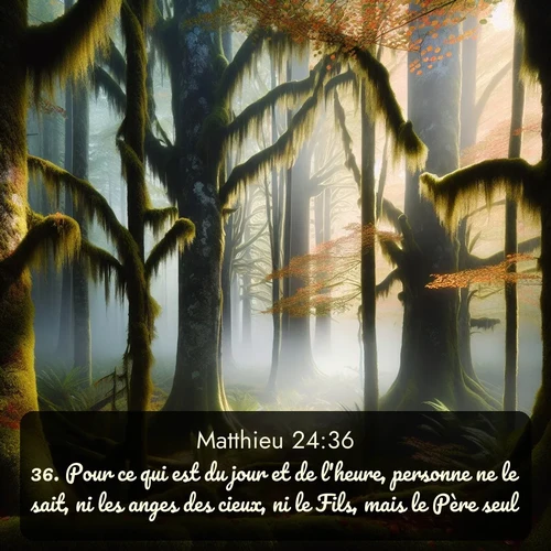 Segond Évangile selon Matthieu  ; image nature: image avec le verset biblique :Pour ce qui est du jour et de l&#039;heure, personne ne le sait, ni les anges des cieux, ni le Fils, mais le Père seul. ;  ; 24:36