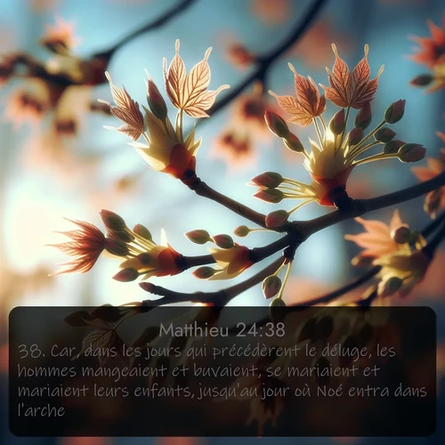 Segond Évangile selon Matthieu  ; image nature: image avec le verset biblique :Car, dans les jours qui précédèrent le déluge, les hommes mangeaient et buvaient, se mariaient et mariaient leurs enfants, jusqu&#039;au jour où Noé entra dans l&#039;arche; ;  ; 24:38