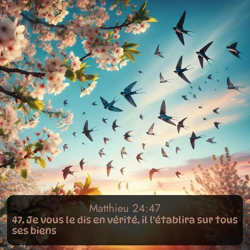 Segond Évangile selon Matthieu  ; image nature: image avec le verset biblique :Je vous le dis en vérité, il l&#039;établira sur tous ses biens. ;  ; 24:47