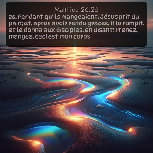 Segond Évangile selon Matthieu  ; image nature: image avec le verset biblique :Pendant qu&#039;ils mangeaient, Jésus prit du pain; et, après avoir rendu grâces, il le rompit, et le donna aux disciples, en disant: Prenez, mangez, ceci est mon corps. ;  ; 26:26