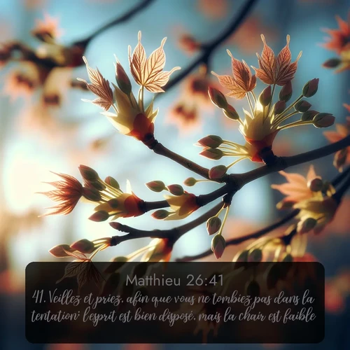 Segond Évangile selon Matthieu  ; image nature: image avec le verset biblique :Veillez et priez, afin que vous ne tombiez pas dans la tentation; l&#039;esprit est bien disposé, mais la chair est faible. ;  ; 26:41