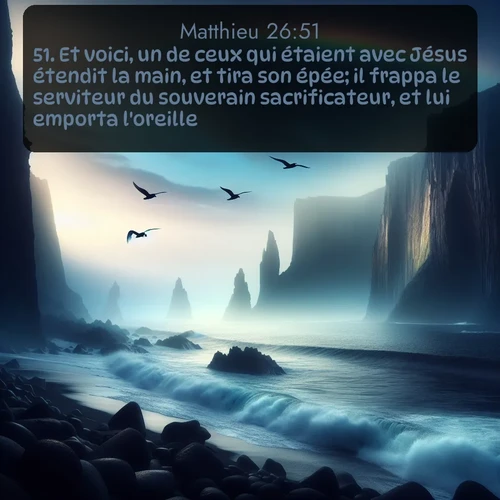 Segond Évangile selon Matthieu  ; image nature: image avec le verset biblique :Et voici, un de ceux qui étaient avec Jésus étendit la main, et tira son épée; il frappa le serviteur du souverain sacrificateur, et lui emporta l&#039;oreille. ;  ; 26:51
