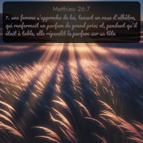 Segond Évangile selon Matthieu  ; image nature: image avec le verset biblique :une femme s&#039;approcha de lui, tenant un vase d&#039;albâtre, qui renfermait un parfum de grand prix; et, pendant qu&#039;il était à table, elle répandit le parfum sur sa tête. ;  ; 26:7