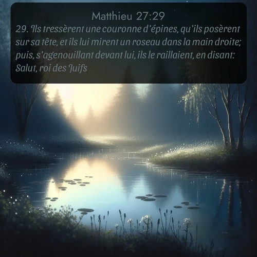 Segond Évangile selon Matthieu  ; image nature: image avec le verset biblique :Ils tressèrent une couronne d&#039;épines, qu&#039;ils posèrent sur sa tête, et ils lui mirent un roseau dans la main droite; puis, s&#039;agenouillant devant lui, ils le raillaient, en disant: Salut, roi des Juifs! ;  ; 27:29
