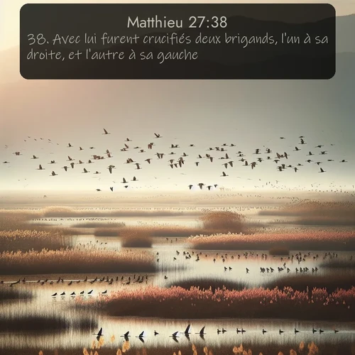 Segond Évangile selon Matthieu  ; image nature: image avec le verset biblique :Avec lui furent crucifiés deux brigands, l&#039;un à sa droite, et l&#039;autre à sa gauche. ;  ; 27:38