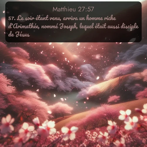 Segond Évangile selon Matthieu  ; image nature: image avec le verset biblique :Le soir étant venu, arriva un homme riche d&#039;Arimathée, nommé Joseph, lequel était aussi disciple de Jésus. ;  ; 27:57