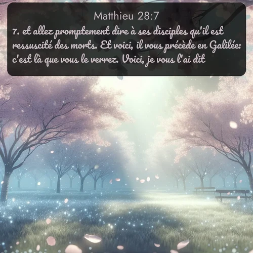 Segond Évangile selon Matthieu  ; image nature: image avec le verset biblique :et allez promptement dire à ses disciples qu&#039;il est ressuscité des morts. Et voici, il vous précède en Galilée: c&#039;est là que vous le verrez. Voici, je vous l&#039;ai dit. ;  ; 28:7