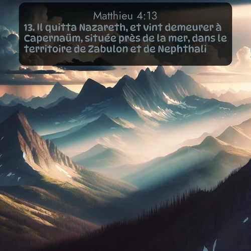 Segond Évangile selon Matthieu  ; image nature: image avec le verset biblique :Il quitta Nazareth, et vint demeurer à Capernaüm, située près de la mer, dans le territoire de Zabulon et de Nephthali, ;  ; 4:13