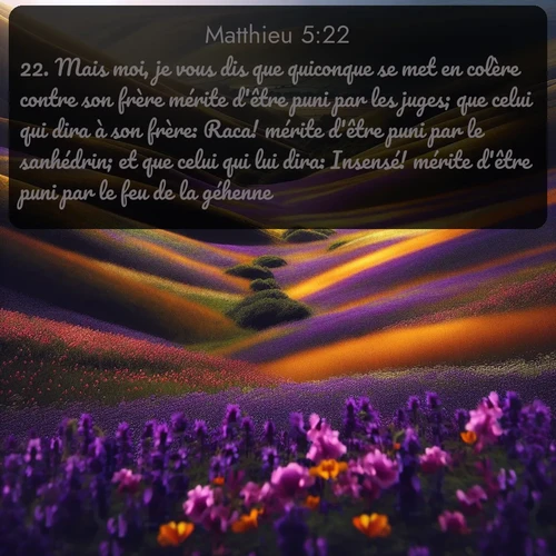 Segond Évangile selon Matthieu  ; image nature: image avec le verset biblique :Mais moi, je vous dis que quiconque se met en colère contre son frère mérite d&#039;être puni par les juges; que celui qui dira à son frère: Raca! mérite d&#039;être puni par le sanhédrin; et que celui qui lui dira: Insensé! mérite d&#039;être puni par le feu de la géhenne. ;  ; 5:22