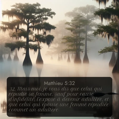 Segond Évangile selon Matthieu  ; image nature: image avec le verset biblique :Mais moi, je vous dis que celui qui répudie sa femme, sauf pour cause d&#039;infidélité, l&#039;expose à devenir adultère, et que celui qui épouse une femme répudiée commet un adultère. ;  ; 5:32
