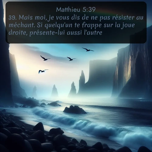 Segond Évangile selon Matthieu  ; image nature: image avec le verset biblique :Mais moi, je vous dis de ne pas résister au méchant. Si quelqu&#039;un te frappe sur la joue droite, présente-lui aussi l&#039;autre. ;  ; 5:39