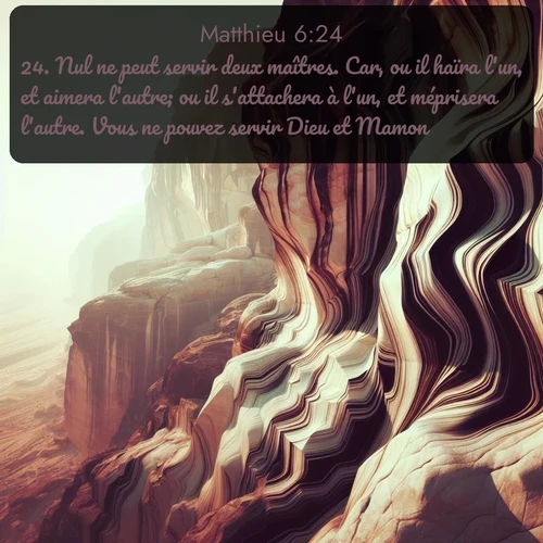 Segond Évangile selon Matthieu  ; image nature: image avec le verset biblique :Nul ne peut servir deux maîtres. Car, ou il haïra l&#039;un, et aimera l&#039;autre; ou il s&#039;attachera à l&#039;un, et méprisera l&#039;autre. Vous ne pouvez servir Dieu et Mamon. ;  ; 6:24