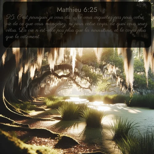 Segond Évangile selon Matthieu  ; image nature: image avec le verset biblique :C&#039;est pourquoi je vous dis: Ne vous inquiétez pas pour votre vie de ce que vous mangerez, ni pour votre corps, de quoi vous serez vêtus. La vie n&#039;est-elle pas plus que la nourriture, et le corps plus que le vêtement? ;  ; 6:25