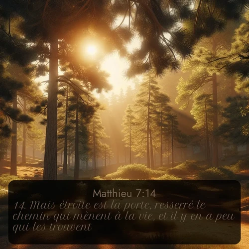 Segond Évangile selon Matthieu  ; image nature: image avec le verset biblique :Mais étroite est la porte, resserré le chemin qui mènent à la vie, et il y en a peu qui les trouvent. ;  ; 7:14